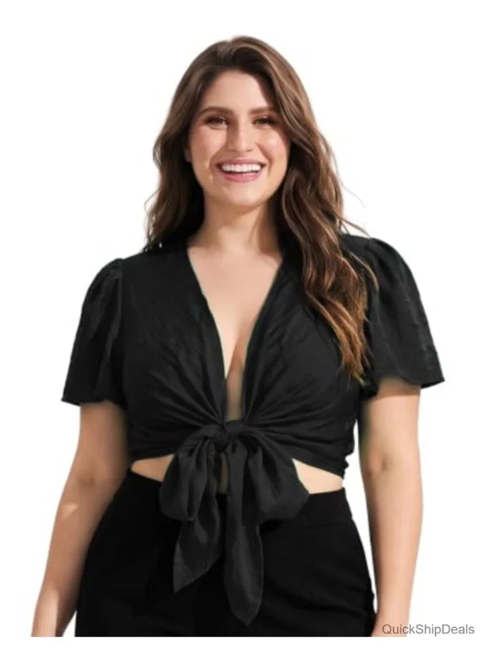 Plus Size Tie Front Crop Top Deep V Neck Puff Sleeve Lyocell Nylon Blouse